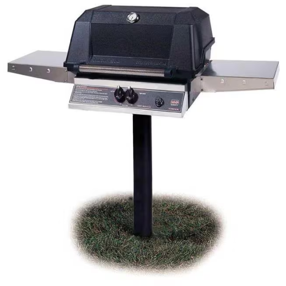 duttpack-1992 MHP WNK4DD Propane Gas Grill With Stainless Steel Shelves And SearMagic Grids On In-Ground Post - Image 1