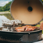 Primo Oval XL 400 Ceramic Kamado Grill On Curved Cypress Table With Stainless Steel Grates - PGCXLH - Image 5