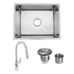 Urban Place Radial 27 X 18 Stainless Steel Outdoor Sink with Huntington Brass Dual Spray 15.75 Inch High Pull Down Faucet Pull Down Faucet and Strainer Basket
