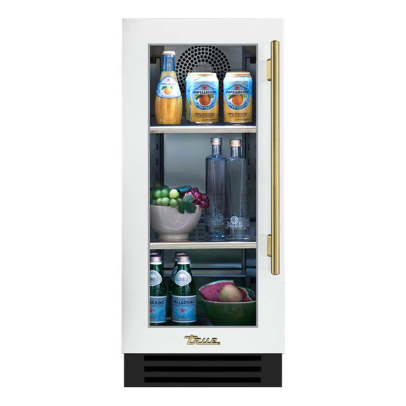 duttpack-39432 True 15 Inch 3.14 Cu. Ft. Left Hinge Glass Door Outdoor Refigerator - Matte White w/ Brass Handles - TUR-15-L-OG-C~DSK-030-H01 - Image 1