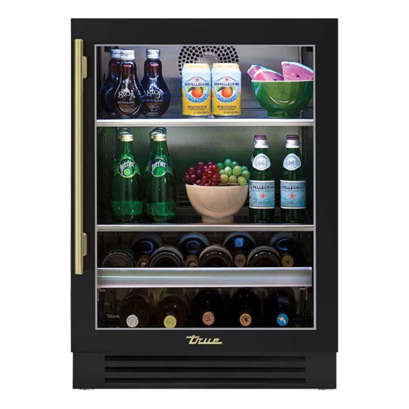duttpack-39933 True 24 Inch 147 Can 13 Bottle Right Hinge Glass Door Outdoor Beverage Center - Matte Black w/ Brass Handle - TBC-24-R-OG-C~DSK-027-H01 - Image 1
