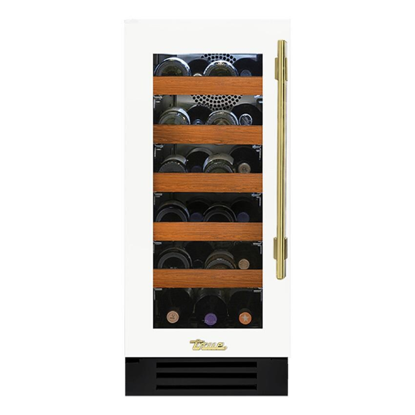duttpack-40594 True 15 Inch 23 Bottle Left Hinge Glass Door Outdoor Wine Cabinet - Matte White w/ Brass Handle - TWC-15-L-OG-C~DSK-030-H01 - Image 1