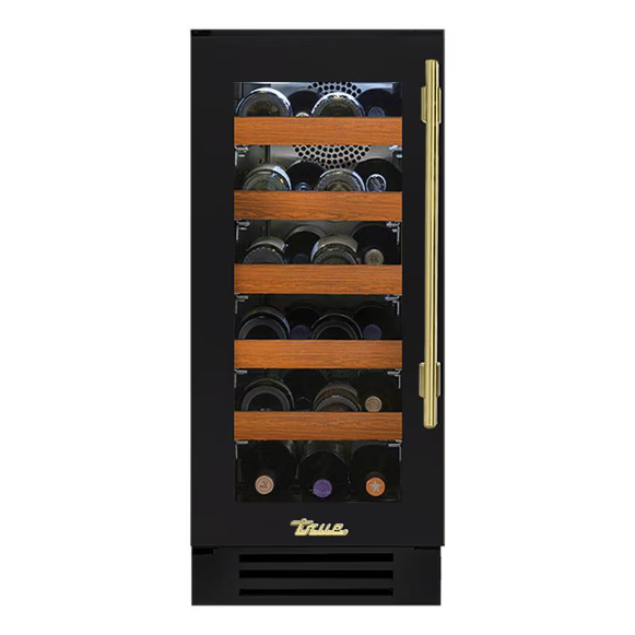 duttpack-40611 True 15 Inch 23 Bottle Left Hinge Glass Door Outdoor Wine Cabinet - Matte Black w/ Brass Handle - TWC-15-L-OG-C~DSK-027-H01 - Image 1