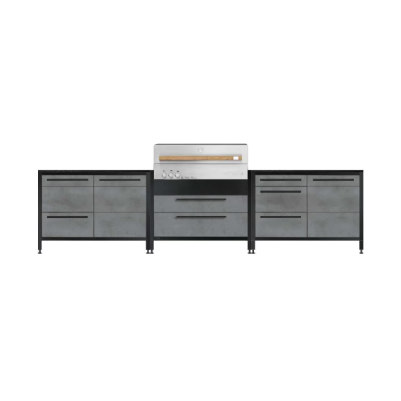 duttpack-43015 Burnout BBQ Modular Outdoor Kitchen Island w/ Flammkraft Model D Built-In Grill, Triple Drawers, Propane Pullout, and Pullout Waste Bins - Smoke - Image 1