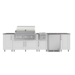 WeatherStrong Nassau 10 1/2 Ft Outdoor Kitchen Island w/ Lynx Natural Gas Grill, Side Burner & Refrigerator in Shell White/Midnight Ice